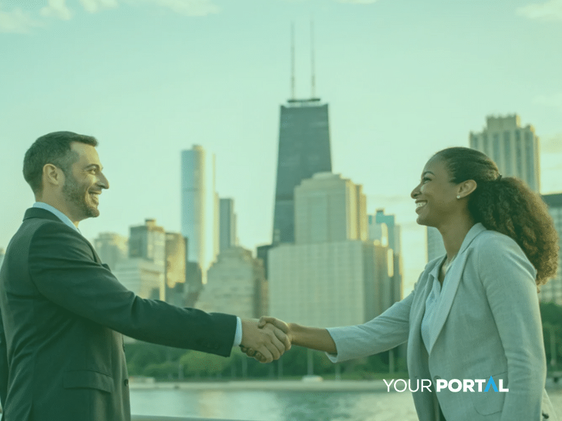 Mortgage broker and client shaking hands in front of a building, representing trust and success through effective SEO strategies for mortgage brokers
