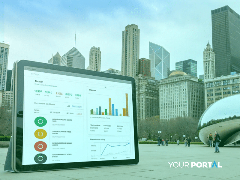 Tablet showing paid ads campaign analytics dashboard with city skyline background