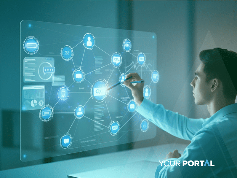 Man interacting with digital link-building network on screen – debunking SEO myths.