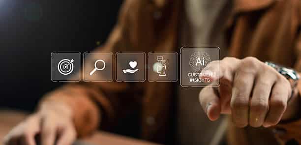 Person interacting with AI-powered customer insights interface on a digital screen